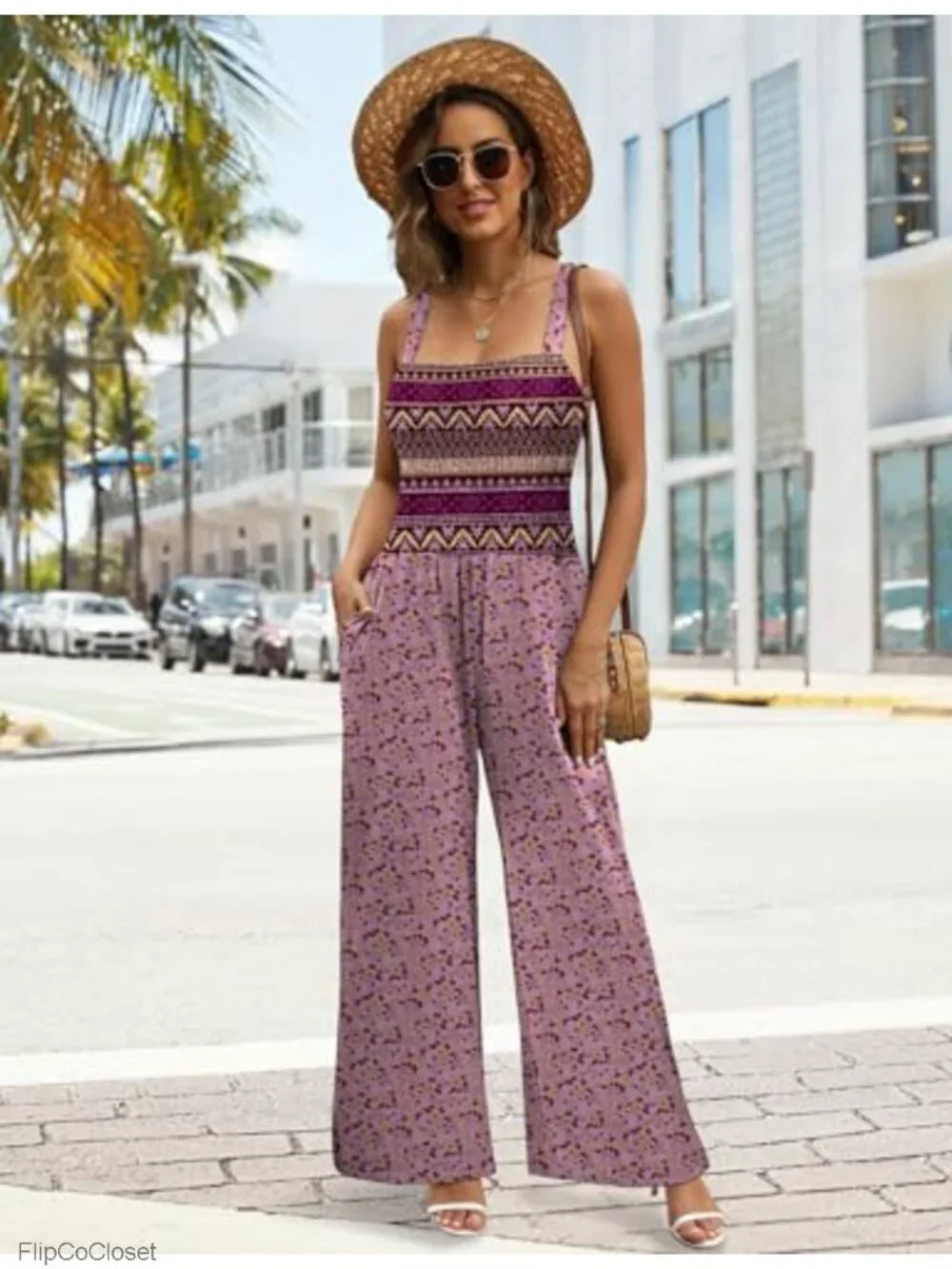 Sleeveless Square Neck Wide Leg Jumpsuit Romper with Pockets